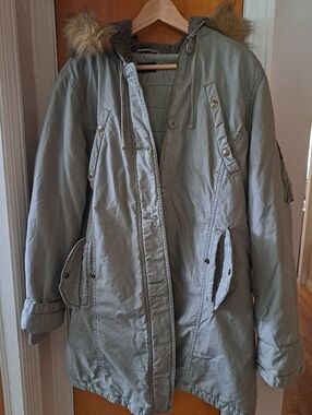 American Eagle Khaki Fur-Trim Hooded Parka Coat